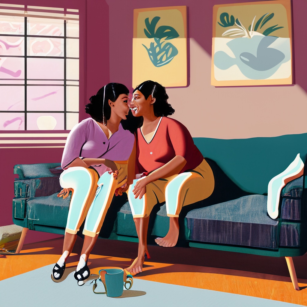 An AI-generated image of a lesbian couple in a living room in drawing style.