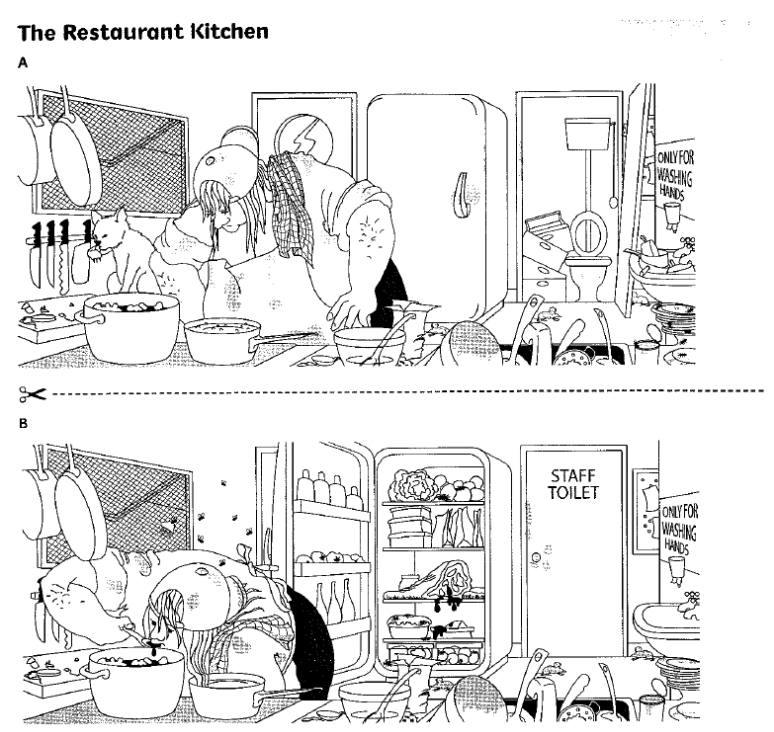 Two hand-drawn illustrations of a dirty restaurant kitchen, with a staff member who is fat, looks greasy and appears very unhygienic.