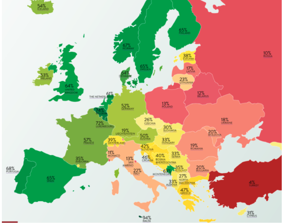 A partial map of Europe showing countries in colours according to their standing on LGBTQIA+ rights.