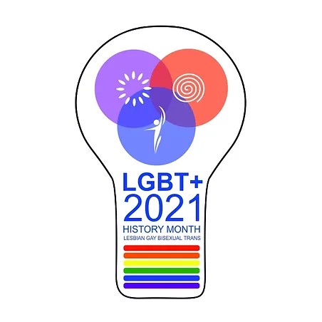 Lightbulb logo for LGBT+ History Month 2021 for Lesbian, Gay, Bisexual, Trans. Images inside lightbulb include representations of mind, body and spirit.