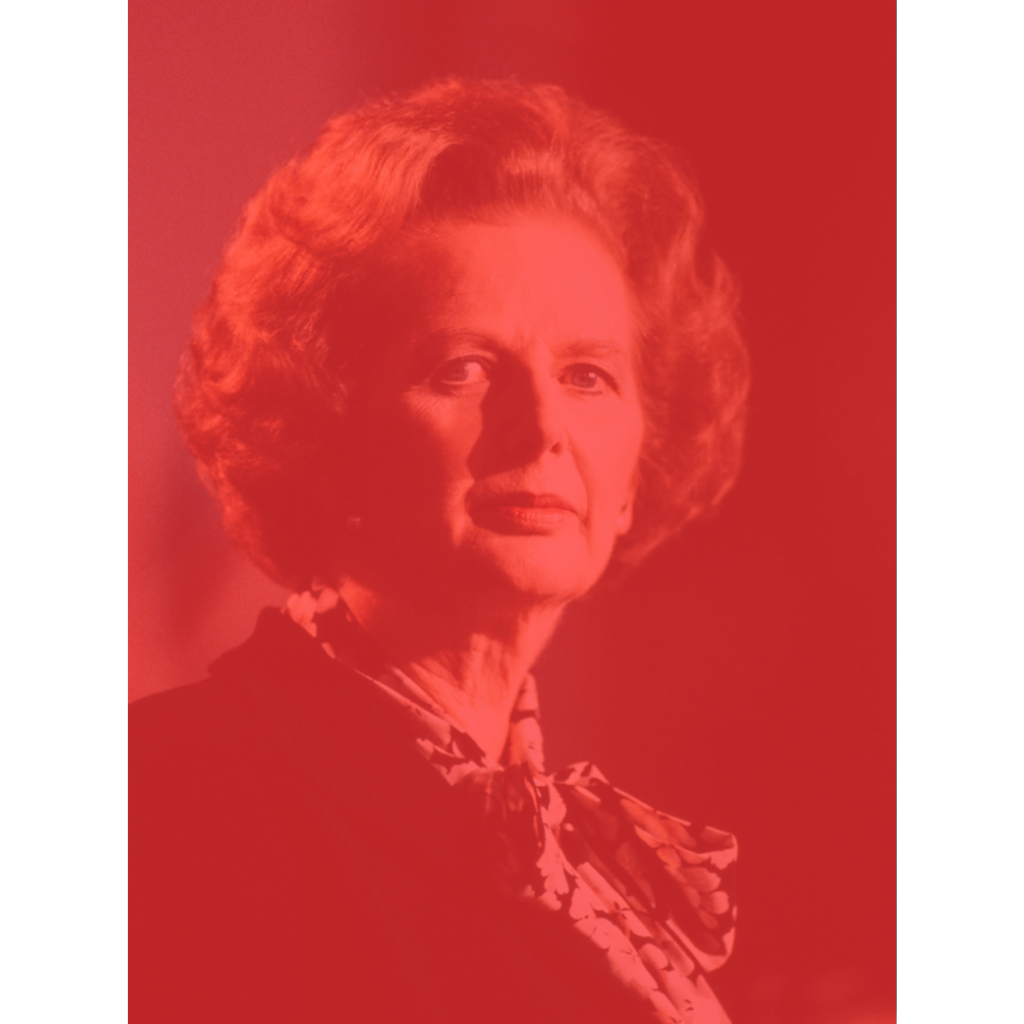 A white woman wearing a blazer and a frilly neck scarf - the image is filtered in red.