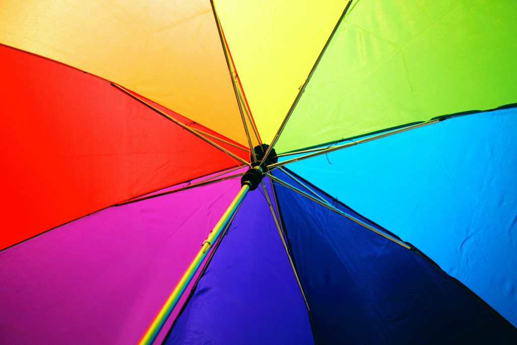 The inside of a rainbow umbrella