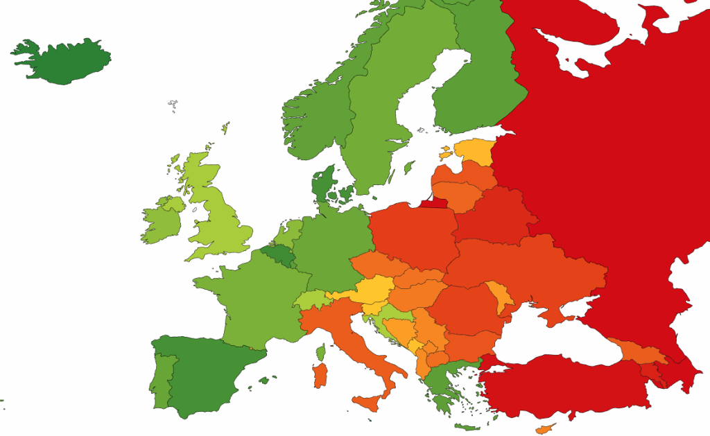A map of Europe showing countries in different colours according to how well they support LGBTQIA+ rights. The UK is in light green, with most of western Europe a darker green, and the majority of eastern Europe in orange or red.